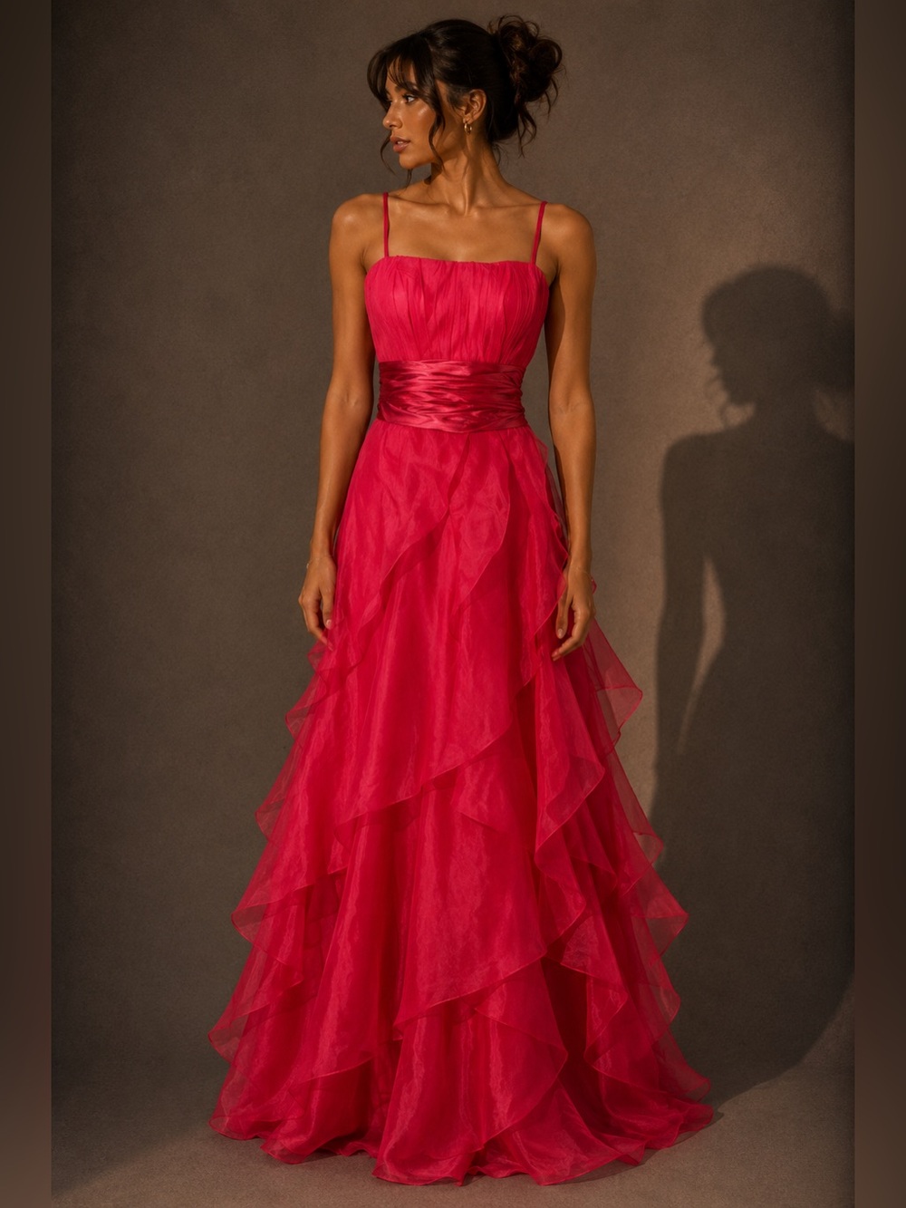 David’s Bridal Fuschia Organza Tiered Ruffle Prom Bridesmaid Gown Dress 2 NWOT